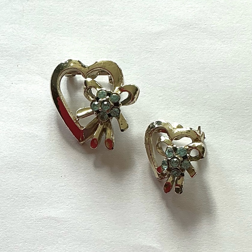 Vintage Sweater Pins Gold Heart Earrings with Blue Floral Accent